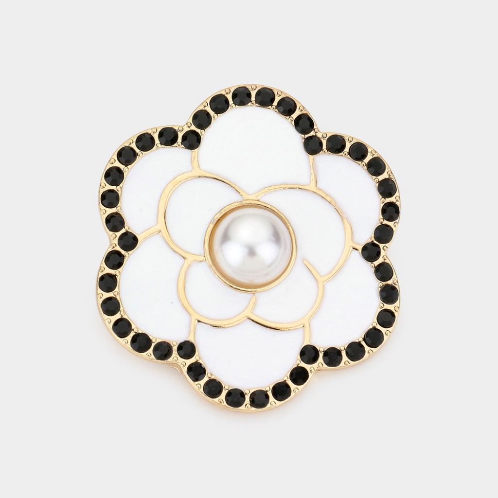 White Black Pearl Camellia Flower Brooch Pin Womens Cute Statement Accessory